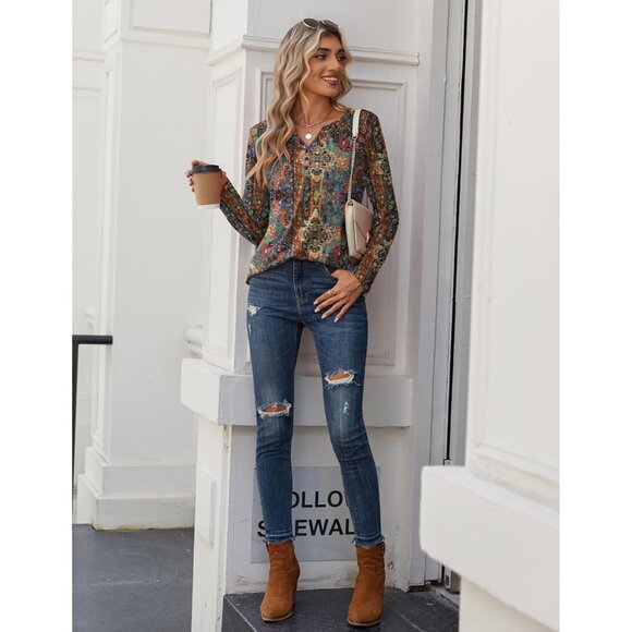 Long Sleeve Women's Shirt V Neck Casual Fall Dressy Blouse Trendy Work - Picture 6 of 6